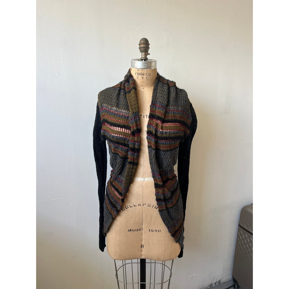 Kensie Womens Open Front Cardigan Striped Mixed Knit Mesh Back Small Gray Olive